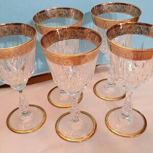 5 vintage clear crystal cut goblets with a 24k gold design band